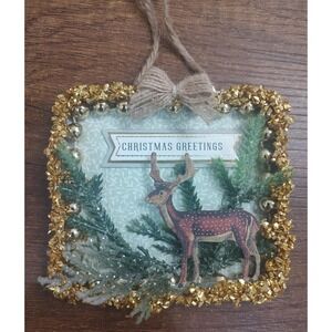 Deer Christmas Ornament Handmade Vtg Style OOAK Mini Tobacco Tin Diorama